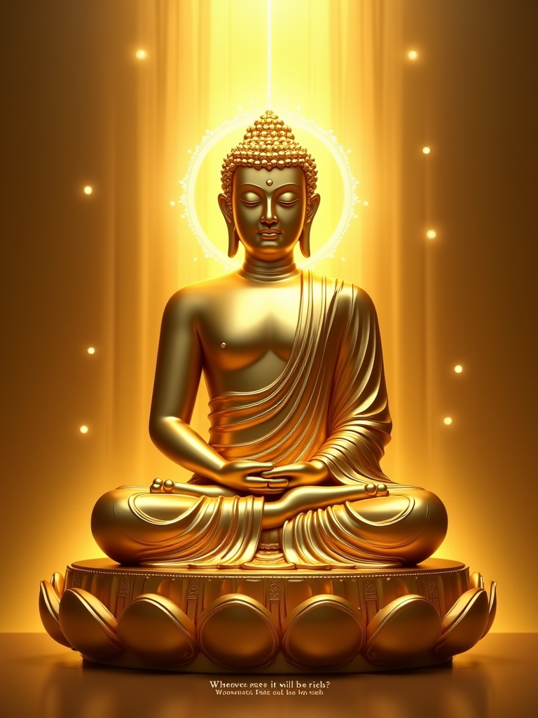 Poster Design Concept: Golden Buddha Statue
Overall Style:

Luxurious and Serene: The poster will showcase a Buddha statue made entirely of gold, emphasizing its metallic texture and solemn atmosphere.
Buddha Statue Design:

Pose: The Buddha will be depicted in a classic seated pose, with a peaceful expression and gentle eyes, reflecting inner tranquility and wisdom.
Material Effect: The statue will have a smooth metallic finish, reflecting light to create a sense of opulence and divinity.
Background Design:

Glowing Effect: The background will feature a soft golden gradient, creating a mysterious and warm ambiance.
Radiant Light: Surrounding the Buddha, add a halo and soft rays of light, symbolizing wisdom and spirituality, enhancing the visual impact of the statue.
Text:

Phrase: At the bottom of the poster, include the phrase: "Whoever sees it will be rich."
Font Style: Use an elegant font in a contrasting color, such as white or deep gold, to ensure readability against the glowing background.
Additional Elements:

Lotus Patterns: Consider incorporating simple lotus motifs at the base of the statue or in the background, symbolizing purity and awakening.
Delicate Decorations: Add subtle geometric patterns or simple golden embellishments in the background to enhance the overall artistic feel.
Overall Effect:
This poster will convey a blend of wealth and spirituality through the luxurious and serene golden Buddha statue. The glowing background and light effects will create a sacred atmosphere, while the text at the bottom reinforces the theme of prosperity. The overall design will attract viewers' attention and inspire contemplation and inspiration.