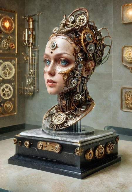 clockwork wind up head, made from gears and pistons and pullies, wind up clockwork key on the side, on a marble desk in a museum, in a display stand, female upper half body, perfect eyes, detailed eyes, Dramatic lighting.
cinematic masterpiece,
OverallDetail, SteamPunk