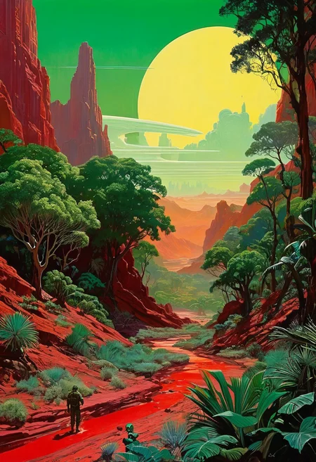  A jungle of stars, in the style of vintage science fiction book covers, a red landscape.