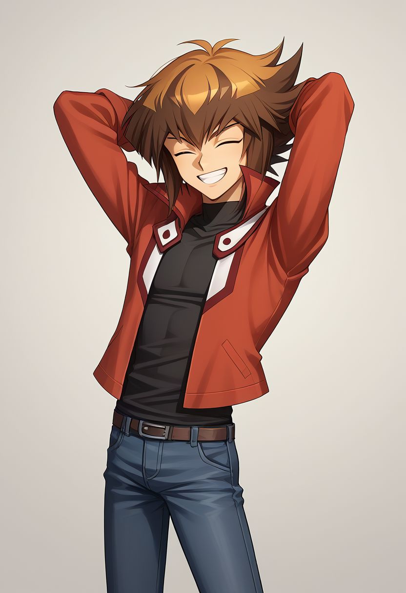score_9, score_8_up, source_anime, highly detailed, 1boy, solo, slender, 
jaden, 1boy, male focus, solo, brown hair, duel academy uniform (yu-gi-oh! gx),black shirt, red jacket, pants, multicolored hair, two-tone hair, smile, upper body, grin, closed eyes, happy, hands behind head,
indoor,