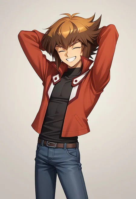 score_9, score_8_up, source_anime, highly detailed, 1boy, solo, slender, 
jaden, 1boy, male focus, solo, brown hair, duel academy uniform (yu-gi-oh! gx),black shirt, red jacket, pants, multicolored hair, two-tone hair, smile, upper body, grin, closed eyes, happy, hands behind head,
indoor,