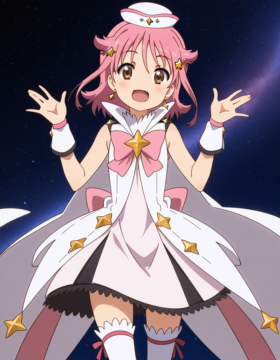 general,highres, ultra-detailed,very aesthetic,best quality ,best hands,  BREAK <lora:Subaru_Houkago_no_Pleiades_IS:1>subaru(Pleiades), 1girl, pink hair, short hair, brown eyes, star hair ornament, anime coloring,
 thighhighs, pink bow, hat, bow, solo, smile, jewelry, open mouth, earrings, star (symbol), space, dress, magical girl, :d, white thighhighs, cape, looking at viewer, star (sky), cosplay,