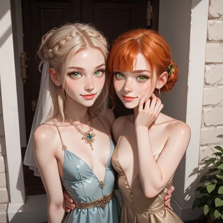 score_9_up, score_9, score_8_up, score_8, score_7_up, score_7, cinematic lighting, raw, high quality, 4k resolution, absurdres, masterpiece, dynamic lighting, high contrast, morimee_style, casual poses, giggling, [from above],
BREAK
2girls, flirting at a mansion party, cute face, , showing off, nip slip, seduction, (flirting:1.3), infatuated, sexy smirks, conspiratorial smile,
(1girl, ((blond hair)), french braid hair,), 1girl, green eyes, short ginger hair), freckles, (beautiful face:1.1), cute, coming of age, [large eyes], whispering to each hither, telling secrets, seductive face, vintage dress, small breasts, thin waist, slender hips, thigh gap, unique faces, unique hair, different bodies, looking at viewer, questioning look,