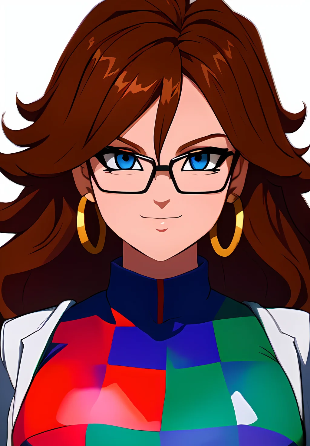 (Photo:1.3), highdetail, <lora:Android21:0.8>, Android21, 1girl, solo, looking at viewer, smile, blue eyes, brown hair, dress, jewelry, pantyhose, glasses, black pantyhose, black-framed eyewear, curly hair, labcoat, checkered clothes, multicolored dress, checkered dress, ((portrait,)), (acclaimed, alluring, captivating, exciting, gorgeous, striking:1.3), (trending on artstation:1.3)
