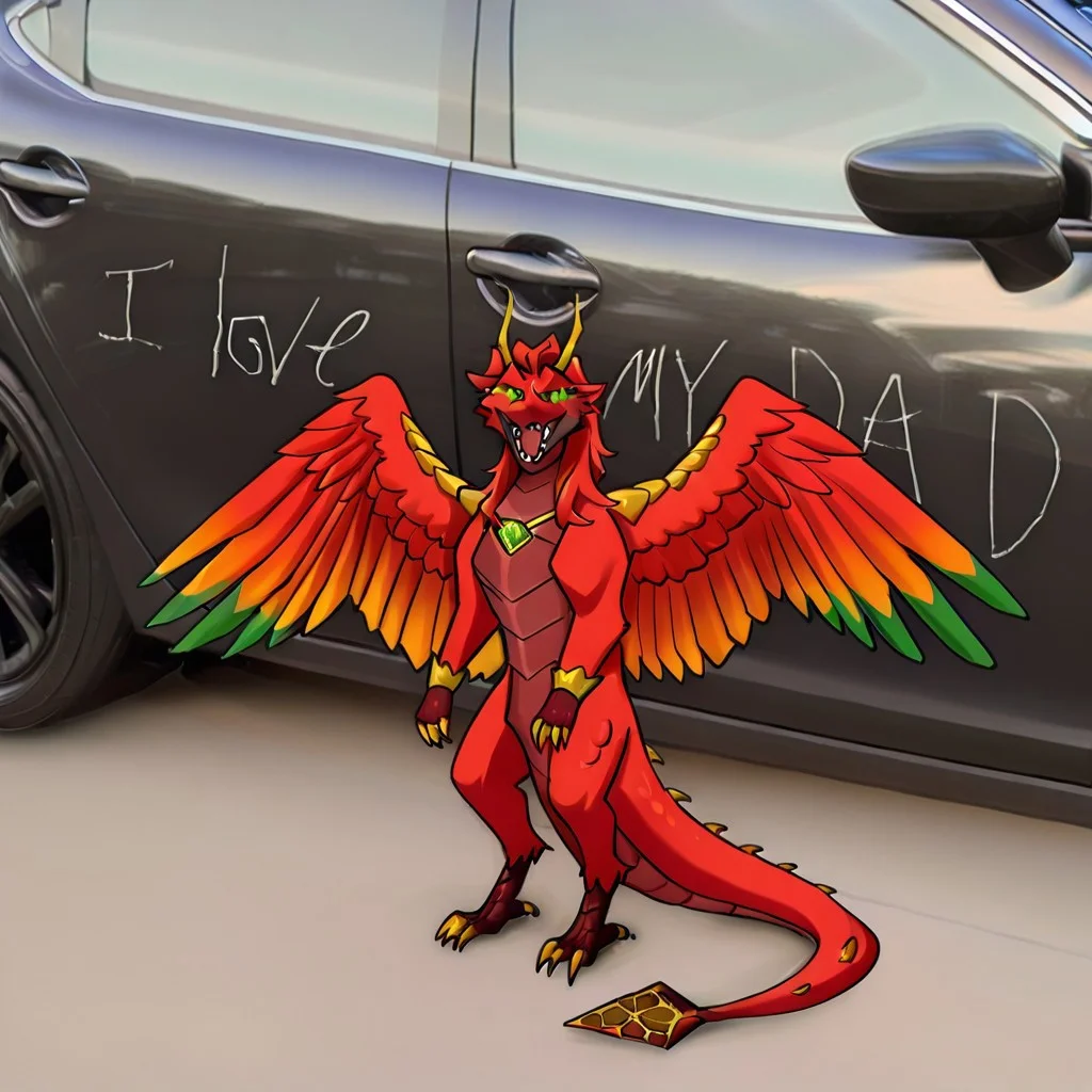 Yharon, golden horns, tail, dragon, bird, claws, no human, 4 eyes, feathered wings, talons, sharp teeth, intricate wing details, red and gold scales, glowing emerald eyes, large fiery wings with orange and green feathers, i_love_my_dad, meme, looking at viewer, car, photo background, solo,