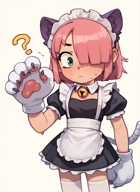 score_9, score_8_up, score_7_up , <lora:pawlette:1> 1girl, pawlette ,animal ears, pink hair, hair over one eye, maid headdress, maid, short dress, White Stockings , paw gloves, <lora:PossumMachine:1>posmach , confused, ??? ,sweat, simple background,