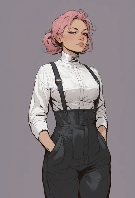 <lora:invincible_v2:1> invncbl, artbook illustration, score_9, score_8_up, score_7_up,  score_6_up, score_5_up, score_4_up, 1girl, solo, pink hair, white collar shirt with suspenders, [Large breast, slim waist,:0.3] high waist black pants, hands in pockets,