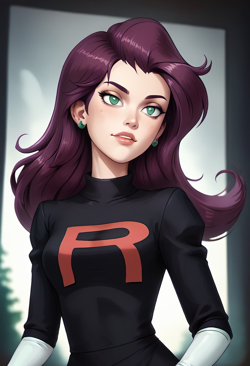 score_9, score_8_up, score_7_up, score_6_up, PRSNL_3_1, uncensored, pupils black dots, lips,
upper body, best quality, masterpiece, 4k, realistic, warm light,
PMMiyamoto, team rocket, floating hair, purple hair, bangs, green eyes, orange earrings, aged up,
black dress, puffy sleeves, elbow gloves, white gloves, white thighhighs, thigh boots,