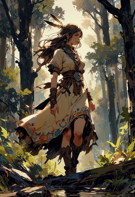 Mh1$AgThS2, intricate linework with expressive contrasts, soft lighting with dynamic highlights, a native american woman in a buckskin dress, a single feather hair ornament, walking through dense woodland, dappled sunlight, In the style of ff-td