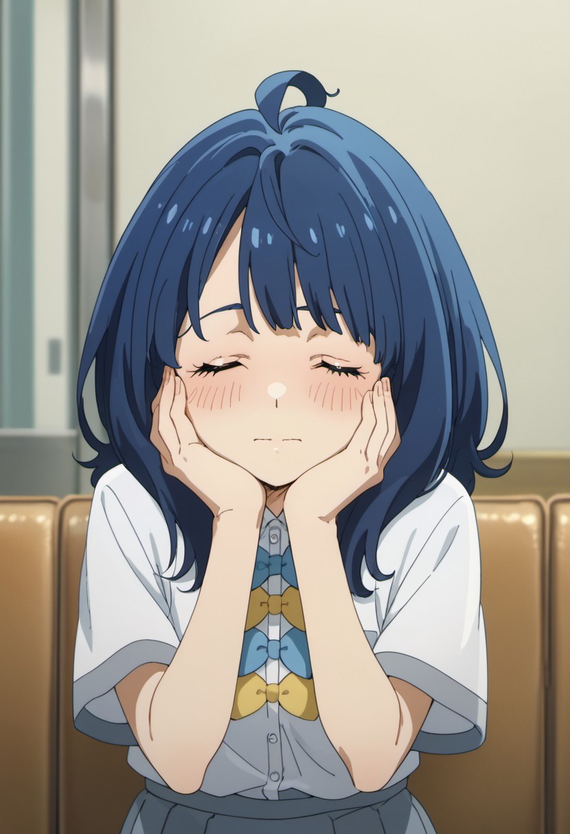 score_9, score_8_up, score_7_up, source_anime,yanami anna, blue hair, blue eyes, 1girl, closed eyes, solo, school uniform, blush, uranohoshi school uniform, ahoge, hands on own face, anime coloring, bow, hands on own cheeks, medium hair