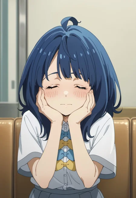 score_9, score_8_up, score_7_up, source_anime,yanami anna, blue hair, blue eyes, 1girl, closed eyes, solo, school uniform, blush, uranohoshi school uniform, ahoge, hands on own face, anime coloring, bow, hands on own cheeks, medium hair