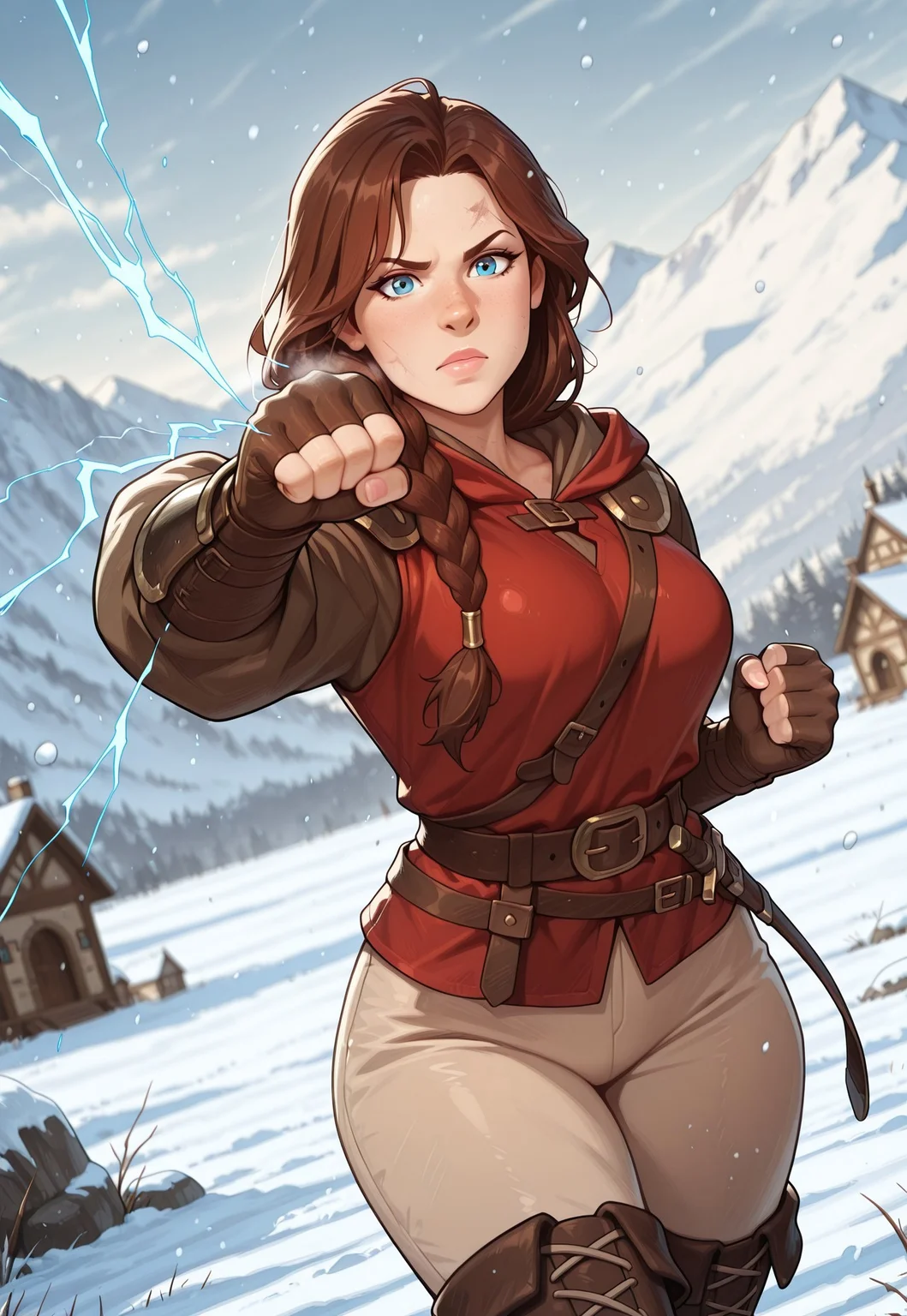 mai_ki_style, frostbite, 4s0r4, masterpiece, best quality, highly detailed, highres, absurdres, highly detailed, depth of field, vibrant image, dynamic, detailed face, detailed eyes, intricate details, absurdres, amazing quality, very aesthetic, upscale, ancient rome aesthetic, detailed pose, dynamic pose, close angle, detailed background,
BREAK
outdoors, daytime,mountain, snow, rocks, fantasy dwarven architecture, snow falling, fantasy world, sexy, beauty, beautiful, beautiful skin, looking at viewer, detailed face, five fingers, detailed facial features, (pants), cowboy shot
BREAK
1girl, ((dwarf)), (dwarf woman), braided hair, hairdo, brown hair, blue eyes, short stature, shortstack, white skin, female monk, armored monk tunic, belt, medieval fistfighting gloves, stripe leather boots, round body, round face, round and cute nose, fist bump, ready to punch, electricity coming out of fists, wide hips, waist, hood. classic dwarf bodytype, Shortstack
BREAK
she is training her fighting style in the mountains, punching the are as she recall her elemental powers. 