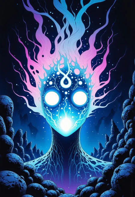 high definition digital animation depicting a cursed hannya mask radiating an eerie cyan and magenta aura blooming out of a blue lotus in a liminal bonsai garden, Studio Ghibli Dark Fairytale