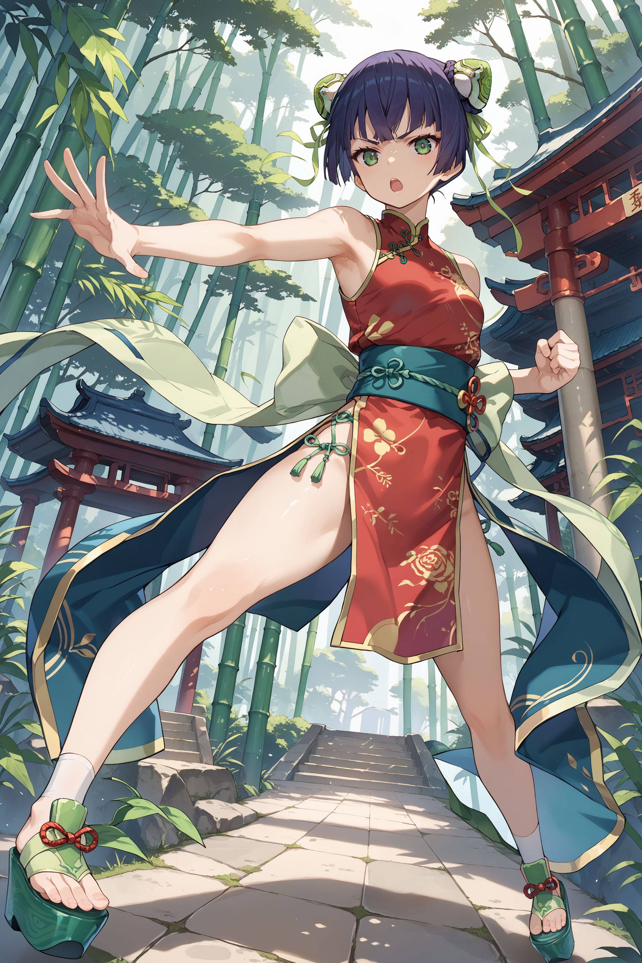 score_max, (score_9, score_8_up, score_7_up:1.2), score_6_up, official art,
masterpiece, absurdres, high detail, 8k,
bamboo forest, morning,
standing, leg up, action pose, kung fu, open hand, serious, open mouth, blush,
ddphikari, hair ornament, double bun, bun cover, green ribbon, red china dress, sleeveless, platform footwear,
<lora:XL_Pony_gomaotsu-hikari-t1:1.0>