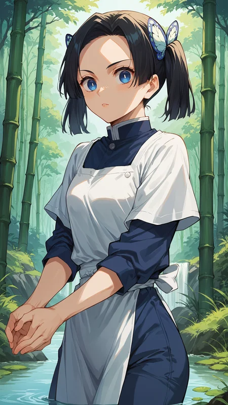 score_9,score_8_up,score_7_up,score_6_up, source_anime, zPDXL3, <lora:xl_more_art-full_v1:0.5>, girl, dynamic pose, resting head on hands, <lora:Aoi Kanzaki - Pony-000004:0.8>, black hair, short twintails, blue eyes, butterfly hair ornament, hair ornament, blue shirt, blue pants, white apron, bamboo forest, stream, flowing water, creek,
