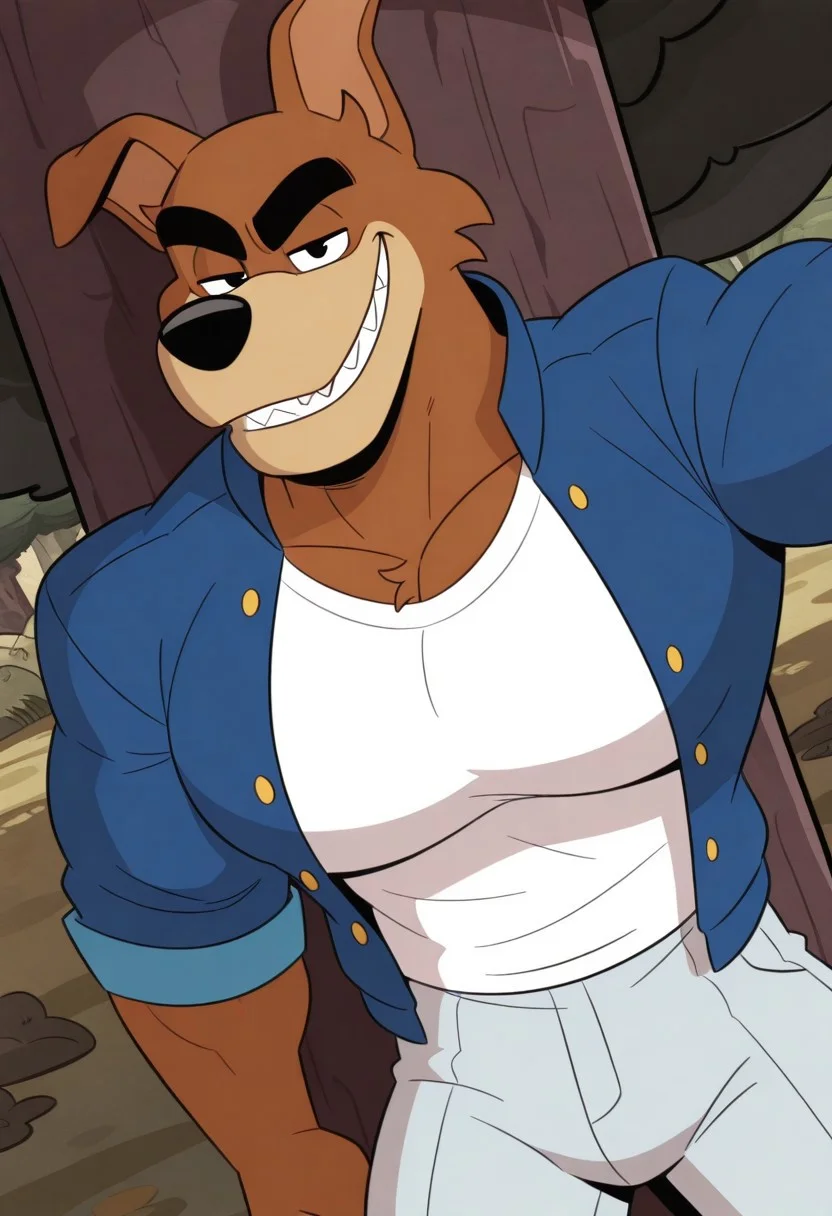 solo, 1boy, male focus, furry, bara, muscular Don Karnage, Wolf, orange-brown fur, cream muzzle, black nose, thick eyebrows, Black eyes, blue varsity jacket, Open jacket, white shirt, light Blue pants, anthro, smug, grin, evil grin, perfect anatomy, masterpiece, perfect quality, best quality, detailed, newest, very aesthetic, detailed muscle, big pecs, thick pecs, juicy Pecs, detailed muscle, leaning against tree, Closer against tree, outdoors, grassy, dutch angle, perfect anatomy,