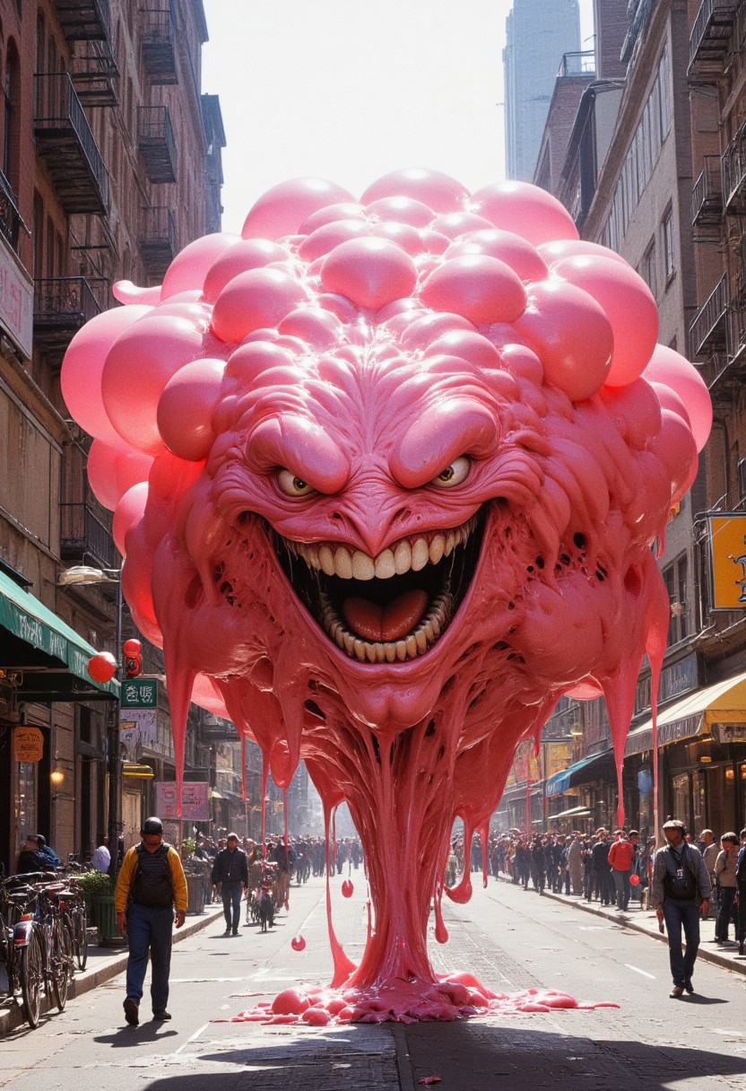 Envision a Bouncy Bubblegum Blob bouncing gleefully down a city street. This monster is a vibrant pink, semi-transparent blob of bubblegum, stretching and snapping as it moves. It leaves sticky patches on everything it touches, trapping street signs and bicycles in its gooey mass. The photograph captures it mid-bounce, with a wide 'smile' that stretches comically wide, and pedestrians looking on in amused bewilderment.
