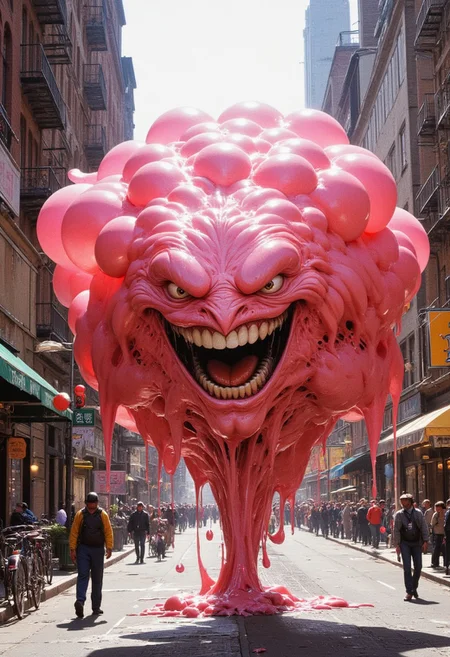 Envision a Bouncy Bubblegum Blob bouncing gleefully down a city street. This monster is a vibrant pink, semi-transparent blob of bubblegum, stretching and snapping as it moves. It leaves sticky patches on everything it touches, trapping street signs and bicycles in its gooey mass. The photograph captures it mid-bounce, with a wide 'smile' that stretches comically wide, and pedestrians looking on in amused bewilderment.