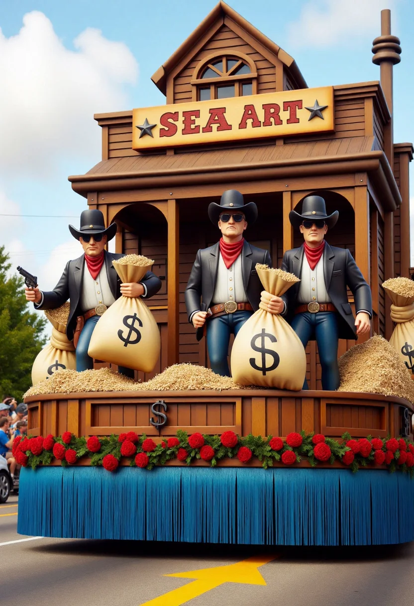 <lora:Parade_Float_Fashioner_FLUX-000005:0.9>
The image is a realistic photograph capturing a vibrant, elaborate western bank robber themed parade float with thieves carrying full bags with dollar signs on them including banner with text "Sea Art".