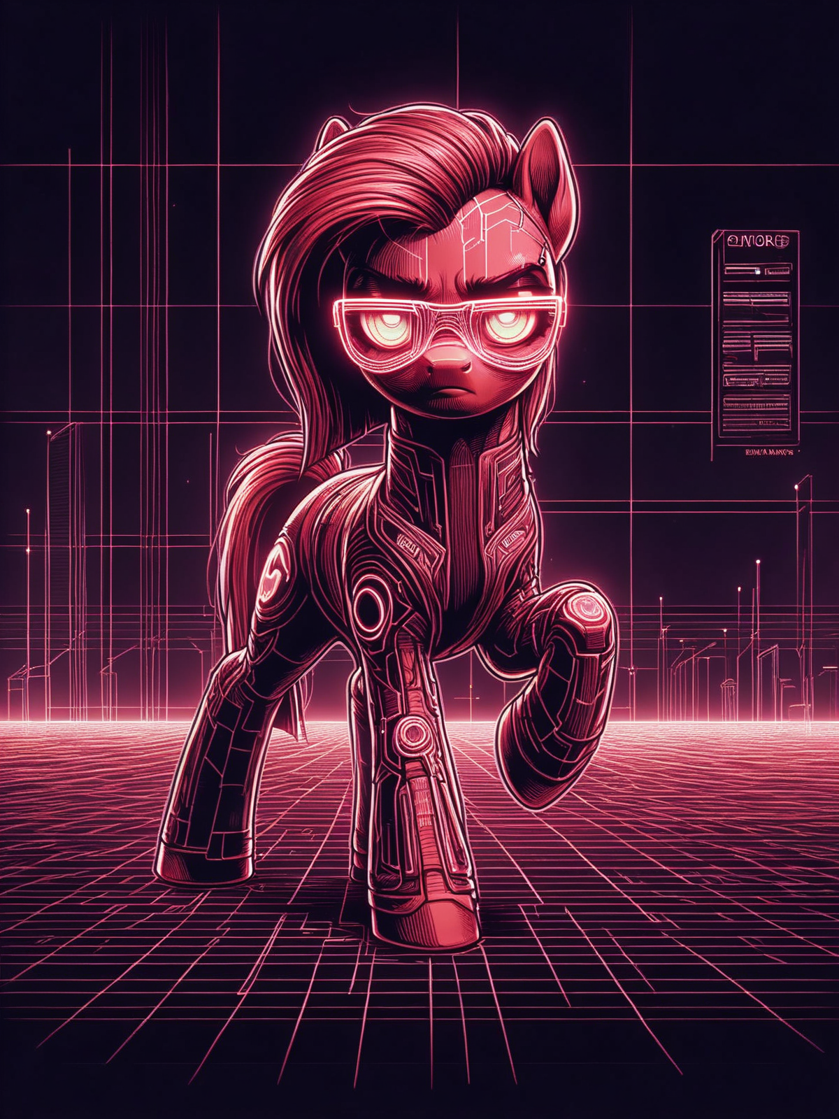 score_9, score_8_up, score_7_up, cinematic photo, dramatic lighting, pony, cyberpunk, grid, neon outline, 1980s,dynamic pose  <lora:Neon_Cyberpunk_Cyberspace_Pony:1>
