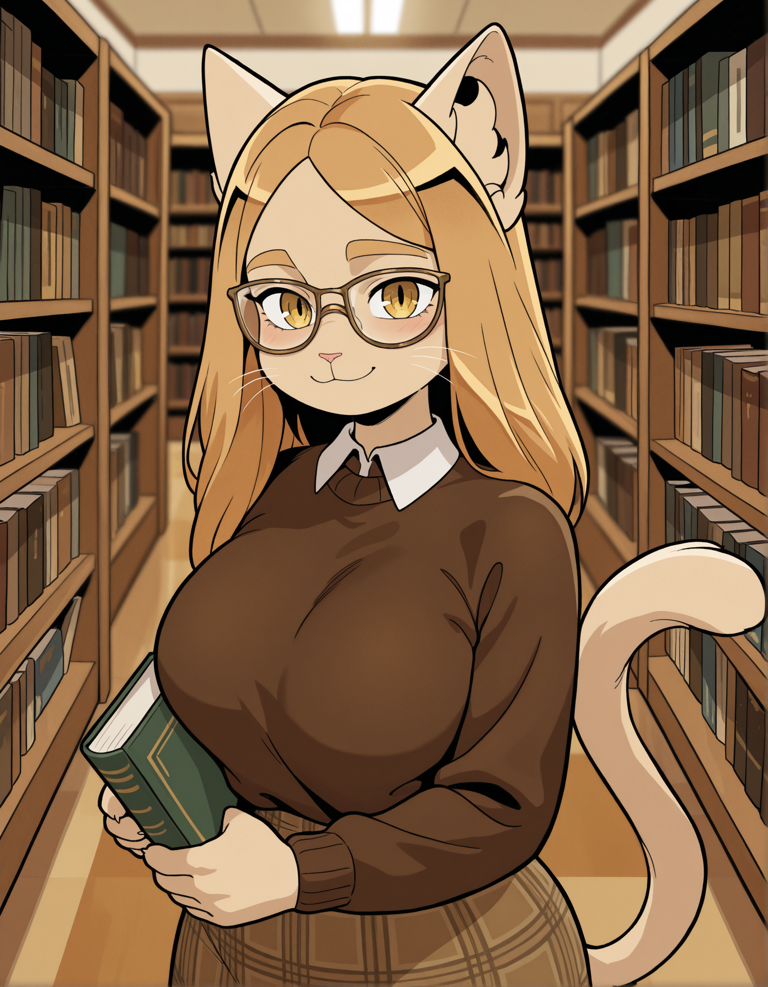 1girl, oytpeina, furry female, cat girl, animal ears, cat tail, snout, colored skin, long hair, yellow eyes, glasses, collared shirt, brown sweater, plaid skirt, holding book, looking at viewer, smile, indoors, library, blurry background, highly detailed, masterpiece, best quality, amazing quality, very aesthetic, absurdres