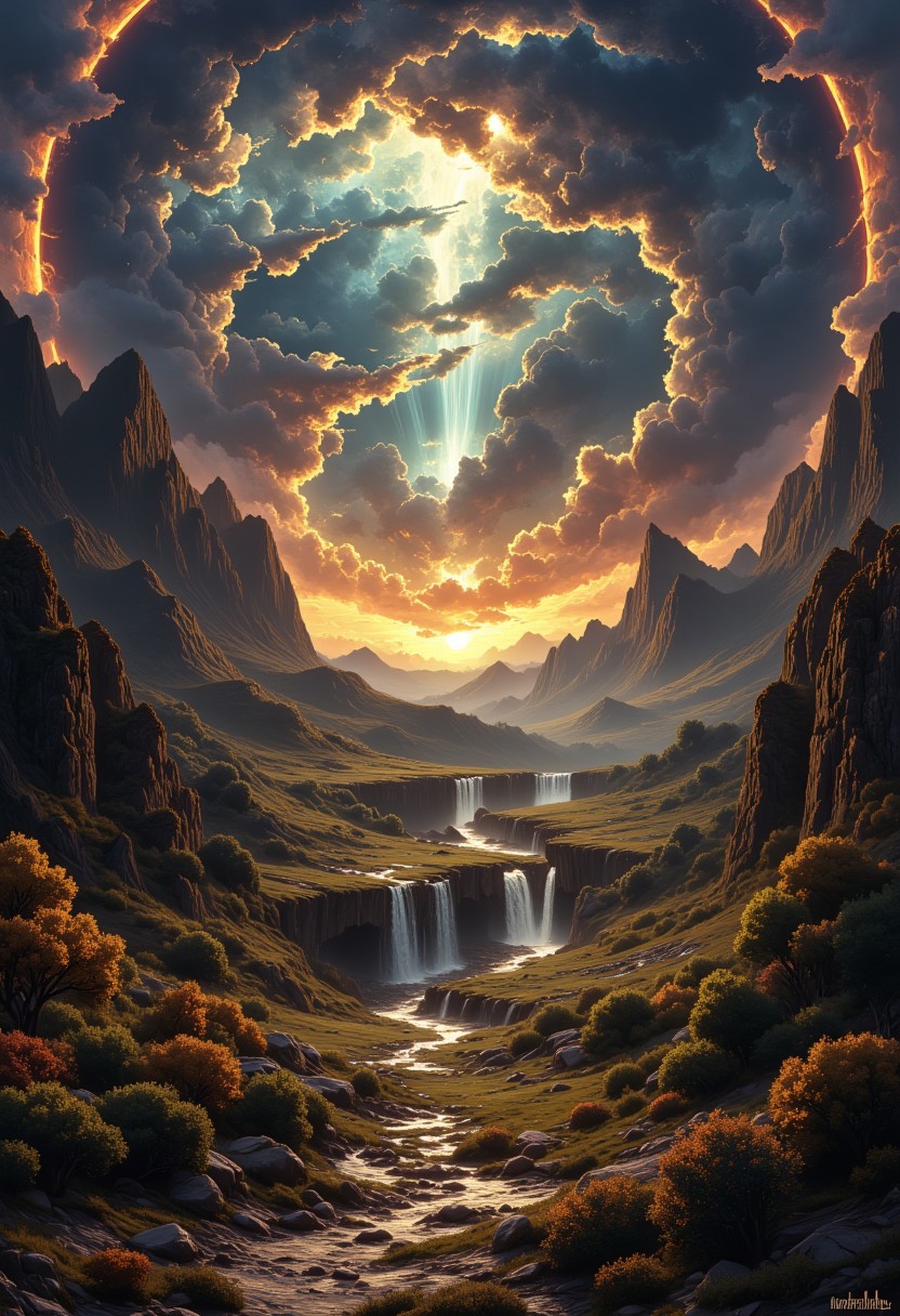 Create a fantasy-themed image blending the rich textures of traditional oil painting with the refined details of digital painting. The scene should have a mystical, dreamlike atmosphere with soft, glowing light illuminating the landscape. Include intricate elements such as ancient ruins, towering mountains, or enchanted forests, with a sense of depth and realism. The color palette should be rich and vibrant, with warm highlights and deep shadows to create contrast and mood.