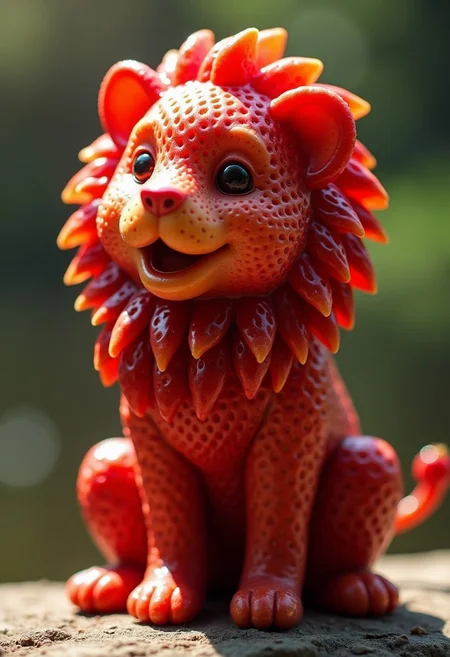 detailed realistic close up of a strawberry shaped like a lion, sitting, natural light