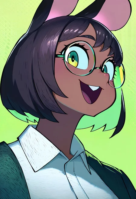masterpiece, best quality, very aesthetic, high resolution, ultra-detailed, absurdres, newest, extremely detailed eyes, beautiful, perfect lighting, hi res, amazing quality, very awa, pvdc_il, PVDC_STL, 1girl, animal ears, glasses, dark skin, green eyes, round eyewear, open mouth, dark-skinned female, colored inner hair, looking at viewer, mouse ears, white shirt, short hair, buck teeth, collared shirt, upper teeth only, green background, black hair, bangs, portrait, green hair, multicolored hair, ribbon, jacket, smile, two-tone hair, brown hair, hatched style