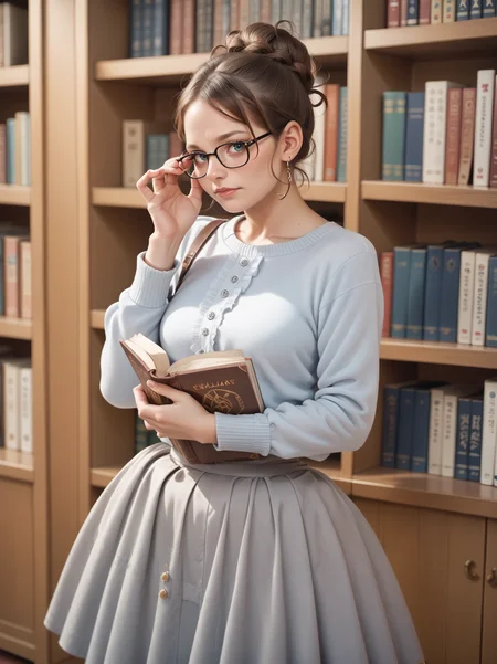 score_9, score_8_up, score_7_up, score_6_up, score_5_up, score_4_up, photograph, realistic,
beautiful woman wearing a bell skirt <lora:bell_skirt-PD-1.0:1>,
grey skirt, sweater, library, librarian, glasses, brown hair, curly hair, hair bun, tiered skirt, frills, looking at viewer, adjusting eyewear, holding book