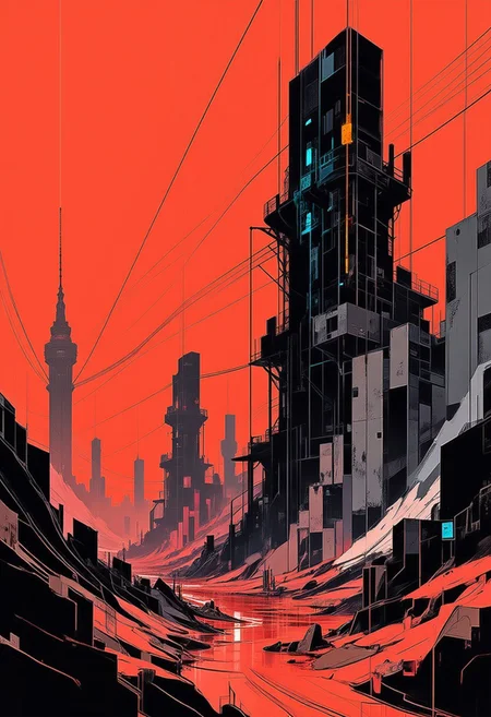 ckbwaw, a digital artwork in the style of ckbwaw, nvinkpunk, inksketch in red and black of towering, enigmatic structures rising from a barren, arid landscape. Each tower is adorned with intricate, glowing lines of orange and blue lights, hinting at the advanced technology within. In the distance, other towering monoliths are visible, creating a sense of endlessness. The lighting, casting long, dramatic shadows. The camera is set at ground level, looking up at the overwhelming scale of the station, emphasizing its imposing and mysterious nature, silhouetted against a red sky
