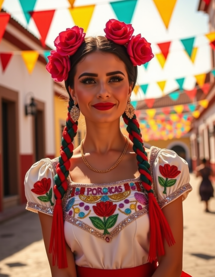 ch1n4p, traditional, mexican, dressed, embroidery, braided hair, hair laces, ultra quality, ultra detailed, ultra realistic, ultra lighting,  cinematic, a radiant Mexican woman dressed in a traditional China Poblana outfit, the shimmering sequins of her blouse catching the sunlight. Her hair is braided with colorful ribbons, adorned with bright flowers. She stands in a sun-drenched plaza surrounded by papel picado fluttering in the breeze, as the scent of street food fills the air. <lora:ChinaPoblana-fluxv1:1>