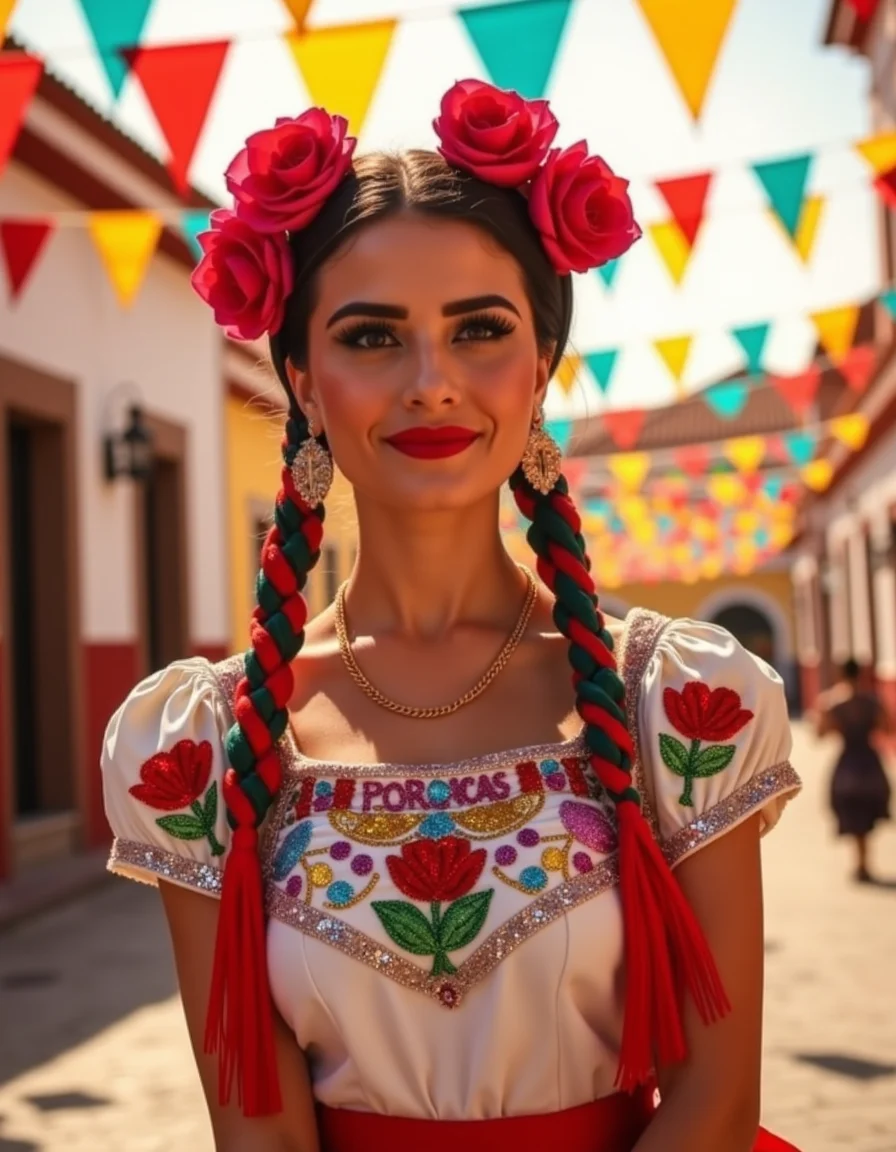 ch1n4p, traditional, mexican, dressed, embroidery, braided hair, hair laces, ultra quality, ultra detailed, ultra realistic, ultra lighting, cinematic, a radiant Mexican woman dressed in a traditional China Poblana outfit, the shimmering sequins of her blouse catching the sunlight. Her hair is braided with colorful ribbons, adorned with bright flowers. She stands in a sun-drenched plaza surrounded by papel picado fluttering in the breeze, as the scent of street food fills the air. <lora:ChinaPoblana-fluxv1:1>