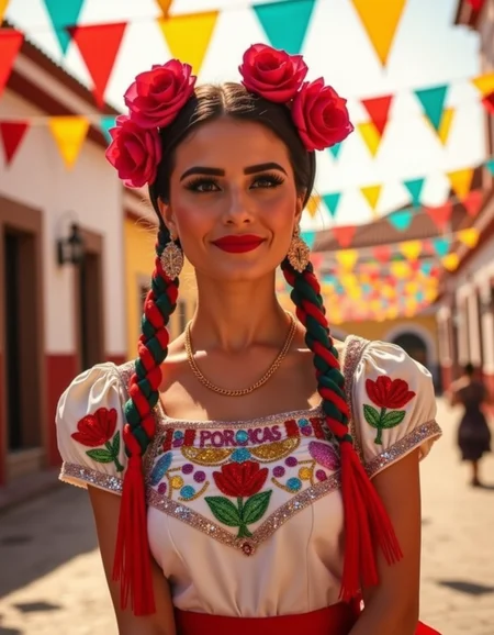 ch1n4p, traditional, mexican, dressed, embroidery, braided hair, hair laces, ultra quality, ultra detailed, ultra realistic, ultra lighting,  cinematic, a radiant Mexican woman dressed in a traditional China Poblana outfit, the shimmering sequins of her blouse catching the sunlight. Her hair is braided with colorful ribbons, adorned with bright flowers. She stands in a sun-drenched plaza surrounded by papel picado fluttering in the breeze, as the scent of street food fills the air. <lora:ChinaPoblana-fluxv1:1>