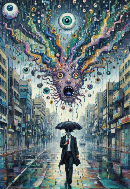 Tel Aviv, a businessman walking home through a rain of eyeballs