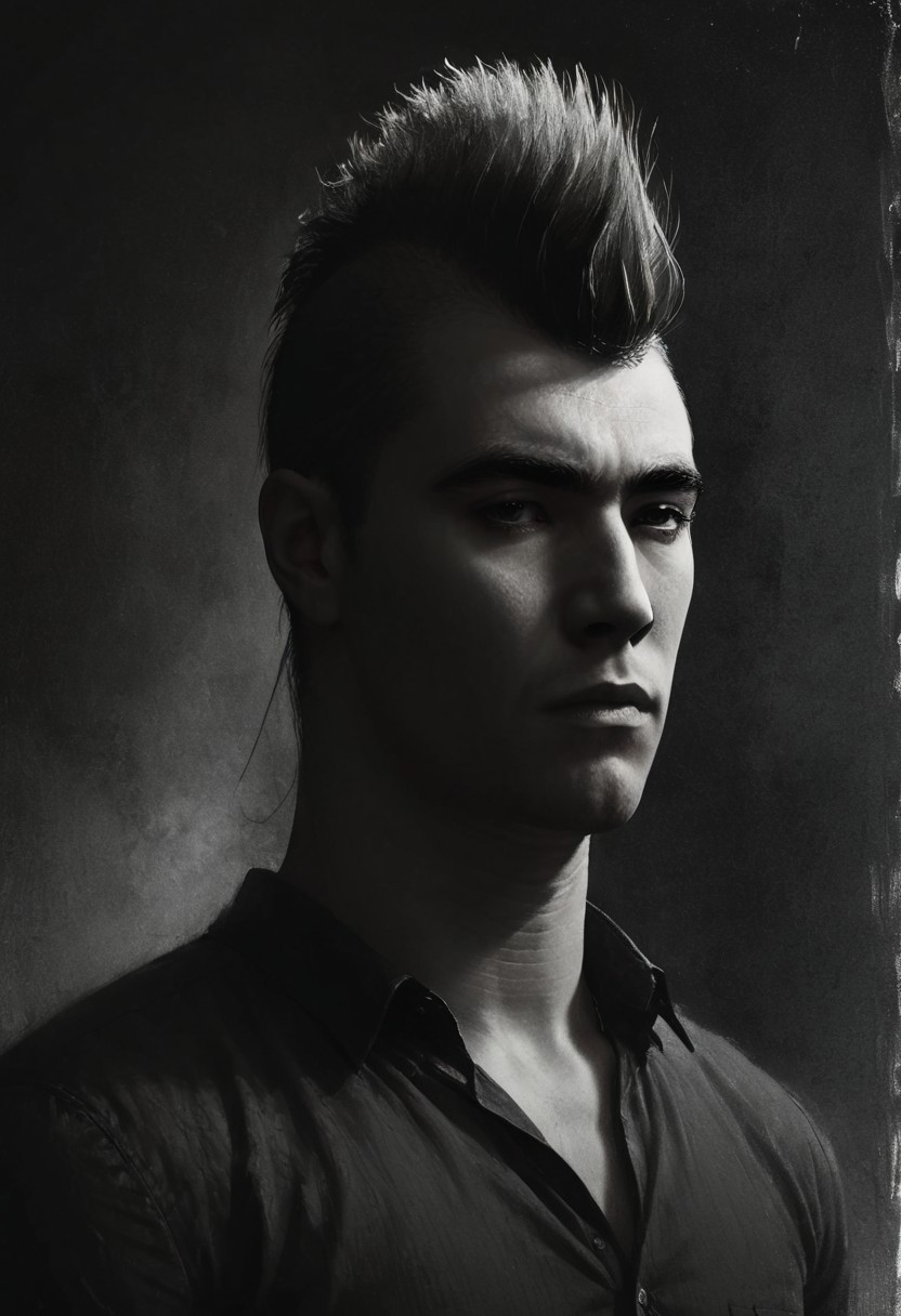 civitametapunkSDXL, 1boy, black mohawk hair, black suit, dark glasses, <lora:MattSchustyle3:0.1> MattSchu,  dark atmosphere <lora:Rafael_DeSoto:1.2> 1960s, Rafael DeSoto style, black and white photo, dramatic photo, low key light, Rembrandt Lighting style, Rembrandt shadow style, Black and white art, black pencil shading, charcoal drawing, toned paper, pencil drawing, brutal dark b/w color scheme