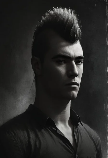 civitametapunkSDXL, 1boy, black mohawk hair, black suit, dark glasses, <lora:MattSchustyle3:0.1> MattSchu, dark atmosphere <lora:Rafael_DeSoto:1.2> 1960s, Rafael DeSoto style, black and white photo, dramatic photo, low key light, Rembrandt Lighting style, Rembrandt shadow style, Black and white art, black pencil shading, charcoal drawing, toned paper, pencil drawing, brutal dark b/w color scheme