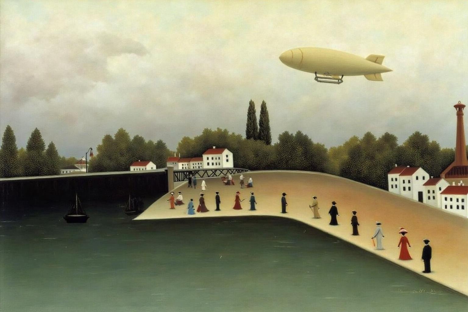 henrirousseau2 painting.
 The scene depicts a tranquil landscape along a river bank with a hot airship floating in the upper right against a pale, overcast sky. People are walking along the river bank. There are houses in the background.
 <lora:henrirousseau2_cap_d6a3:1.0><lora:834050157738742269:0>
