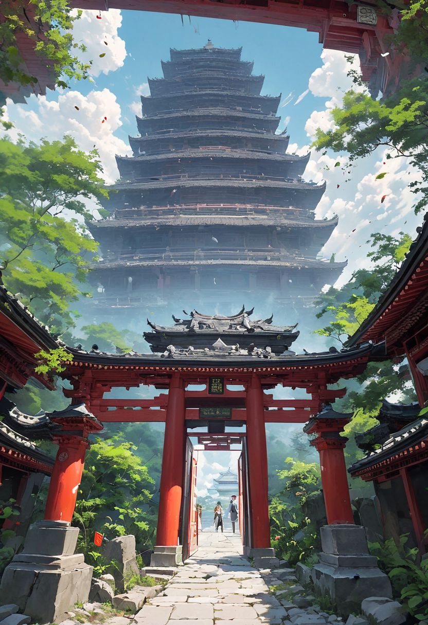 sky, pagoda, temple, gate, torn pants, human, forehead marks, blur, plants, floating, Spirited Away
