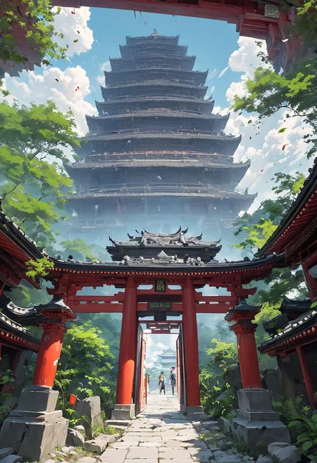 sky, pagoda, temple, gate, torn pants, human, forehead marks, blur, plants, floating, Spirited Away
