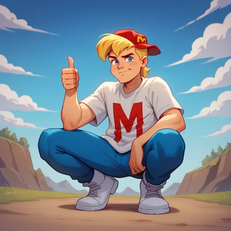 score_9_up, score_8_up, BREAK, MightyMax, 1boy, solo, blonde hair, blue eyes, red hat, shirt, blue pants, white footwear, squatting,<lora:MAX_MightyMax_PXL_Leaf1:0.8>, outdoors, blue sky, squatting, thumbs up,