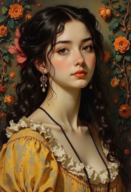 An extreme close-up of a painting of Jane Morris in the Pre-Raphaelite style, her deep-set, melancholic eyes gazing slightly away from the viewer, flowing dark curls intricately rendered with soft, flowing brushwork. She is surrounded by ornate patterns of ivy and embroidered textiles, bathed in soft, golden afternoon light. The texture of the canvas shows delicate layering of oil paint, capturing the porcelain glow of her skin and the intricate folds of her gown. Emotive, ethereal, romantic atmosphere, inspired by Dante Gabriel Rossetti, with a detailed, painterly aesthetic, subtle crackling of aged varnish, ultra-high resolution.