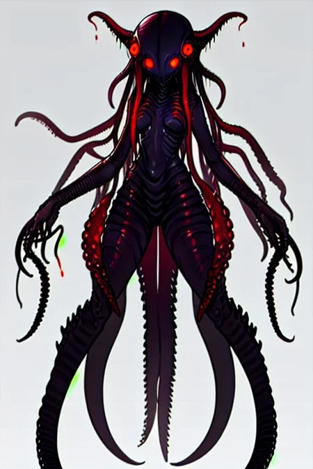 horror, blood, alien female, body horror, body modification , tentacles hair monster, monster girl,horror \(alien\), extra eyes, glowing,darkness, small boobs, thighs, red eyes, bigbadejo alien_monster, simple background, chara-sheet