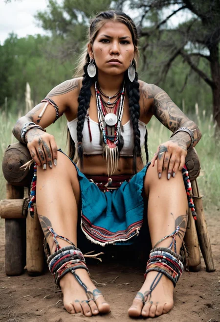 front-bottom-view medium-shot photograph, angry female Native-American warrior, wearing traditional-clothes, 25-YO, (tattoos:0.8), long-thick-braids, outdoors, foot-focus, five-toes, barefoot, detailed-soles, dirty-feet, sitting-on-throne, feet-up
