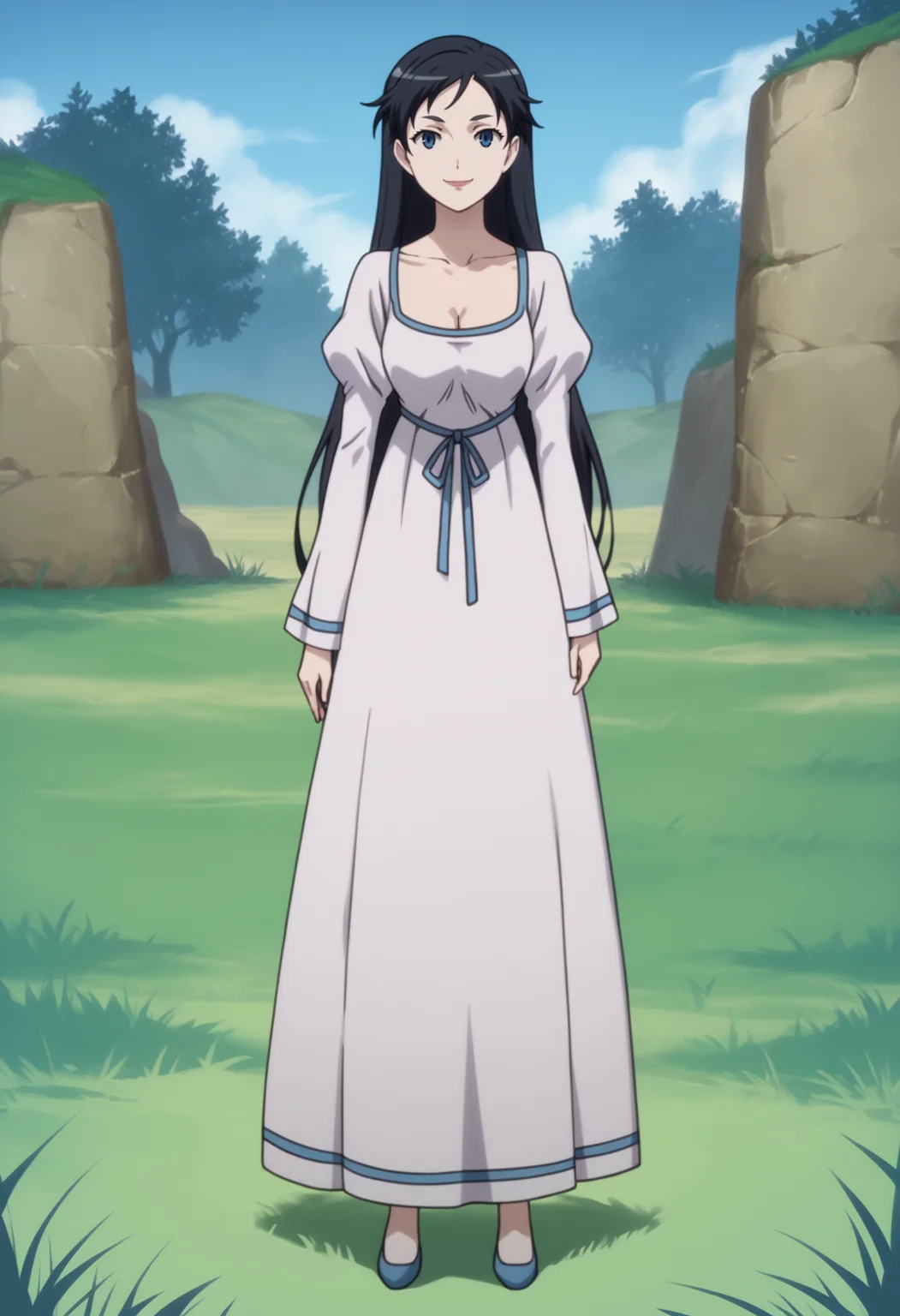 score_9, score_8_up, score_7_up, BREAK
1girl, divabl, blue eyes, black hair, long hair,
cleavage, collarbone, long sleeves, puffy sleeves, sundress,
full body, standing, smile, looking at viewer, solo, blue sky, grass, moutains background <lora:DivaPDXL_byKonan:1>