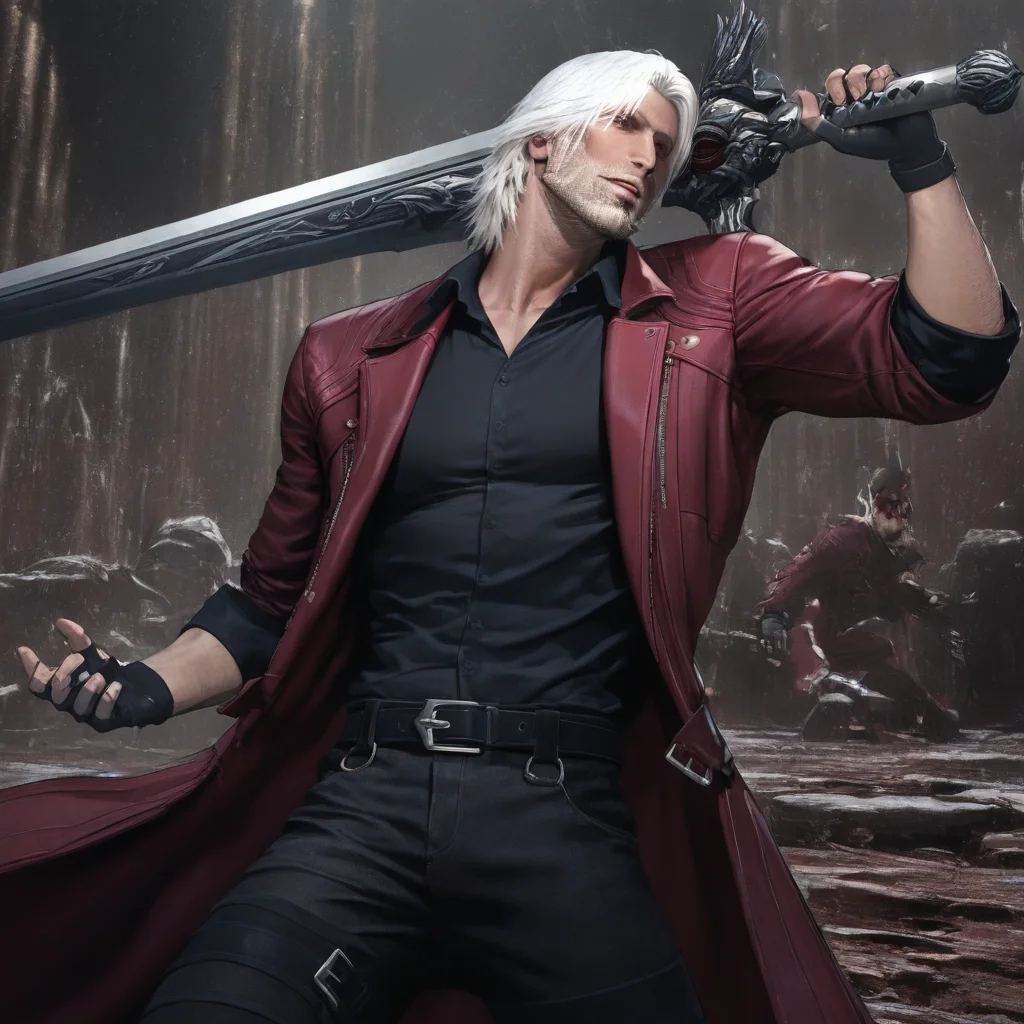 masterpiece, best quality, newest, absurdres, highres, DPWSV1.0, dynamic pose, holding sword, holding, holding weapon, weapon, sword, 1boy, dante_(devil_may_cry), white hair, beard, beard stubble, belt, belt buckle, black belt, black gloves, black shirt, collared shirt, fingerless gloves, open coat, coat, red coat, facial hair,