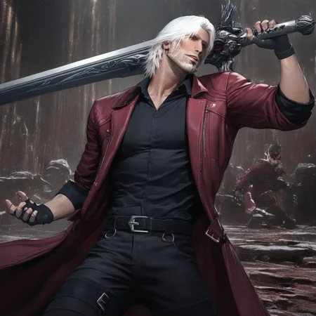 masterpiece, best quality, newest, absurdres, highres, DPWSV1.0, dynamic pose, holding sword, holding, holding weapon, weapon, sword, 1boy, dante_(devil_may_cry), white hair, beard, beard stubble, belt, belt buckle, black belt, black gloves, black shirt, collared shirt, fingerless gloves, open coat, coat, red coat, facial hair,