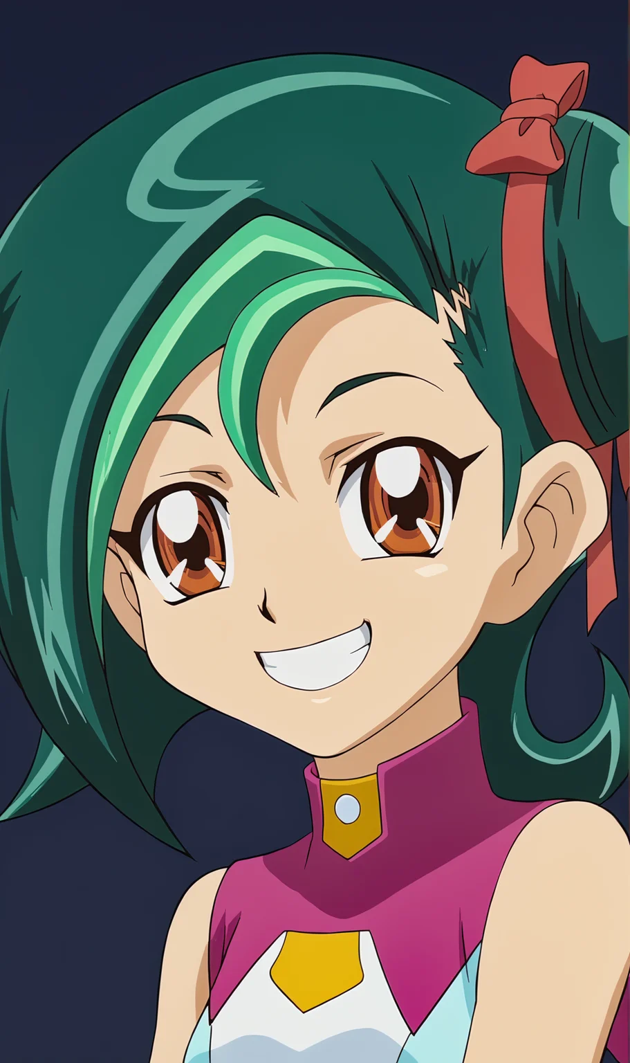 TM, 1girl, solo, green hair, short hair, single hair bun, hair ribbon, brown eyes, school uniform, looking at viewer, big grin, happy, simple background, black background, portrait, anime coloring,<lora:Tori Meadows Pony XL:1>
