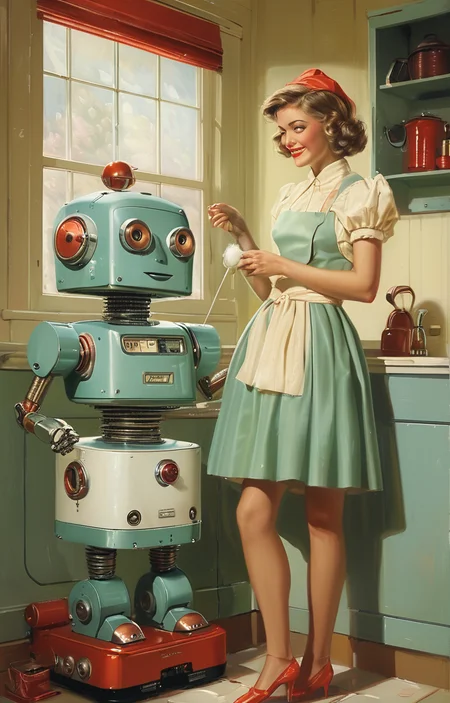 masterpiece,best quality,<lora:tbh210-sdxl:0.9>,illustration,style of Art Frahm, portrait of Housework robots