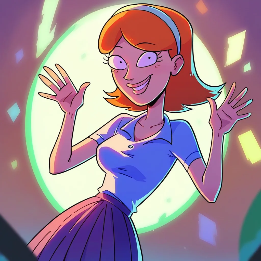 score_9, score_8_up, score_7_up,  j3ss1c4, skirt, shirt, hairband,solo,source_cartoon,waving, green portal background, cinematic, volumetric lighting,portrait,smiling,short hair <lora:j3ss1c4:1>