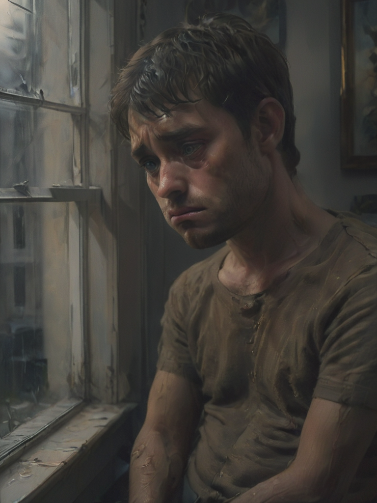 oil painting, close up shot depressed stnerfx sad staring human ,looking out the window, in a living room, deep shadows, <lora:- SDXL - stnerfx _Stoned_Fox_Style_V4.0:.9>